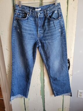 GRLFRND Blue Straight-Leg Jeans with Raw Hem